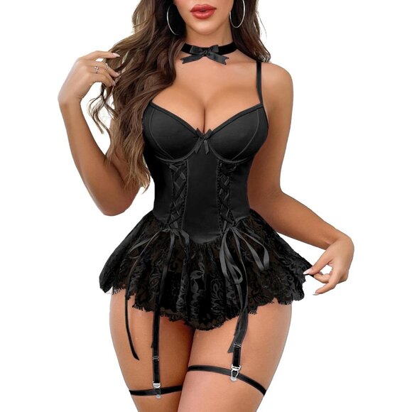 Elegant Black 4-Piece Corset Lingerie Set with Bow Tie & Garter Belt - Small - Picture 1 of 5
